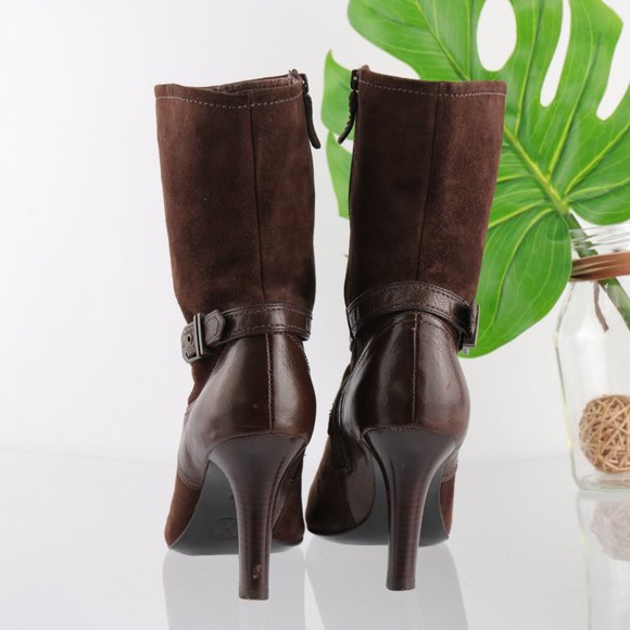 Cole Haan Dress Fashion Bootie Women 8 High Heel Brown Suede Harness Straps Zip - Picture 6 of 14